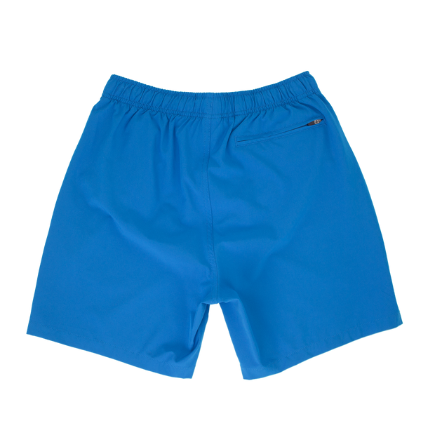Stretch Swim 7" in bright azure Blue back with elastic waistband and back right zippered pocket