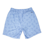 Stretch Swim 7" Bonita back, a light periwinkle blue with a print of darker blue sketched fish with an elastic waistband and a back right zippered pocket