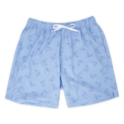 Stretch Swim 7" Bonita front, a light periwinkle blue with a print of darker blue sketched fish with an elastic waistband, two inseam pockets, and a white drawstring