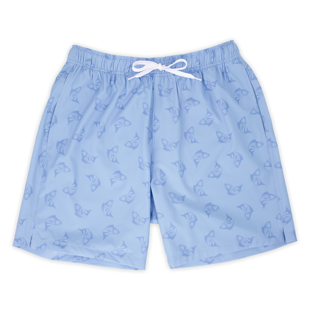 Stretch Swim 7" Bonita front, a light periwinkle blue with a print of darker blue sketched fish with an elastic waistband, two inseam pockets, and a white drawstring