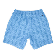 Stretch Swim 7" Clearwater back, a light blue print with darker blue alternating zig zagged lines with an elastic waistband and back right zippered pocket