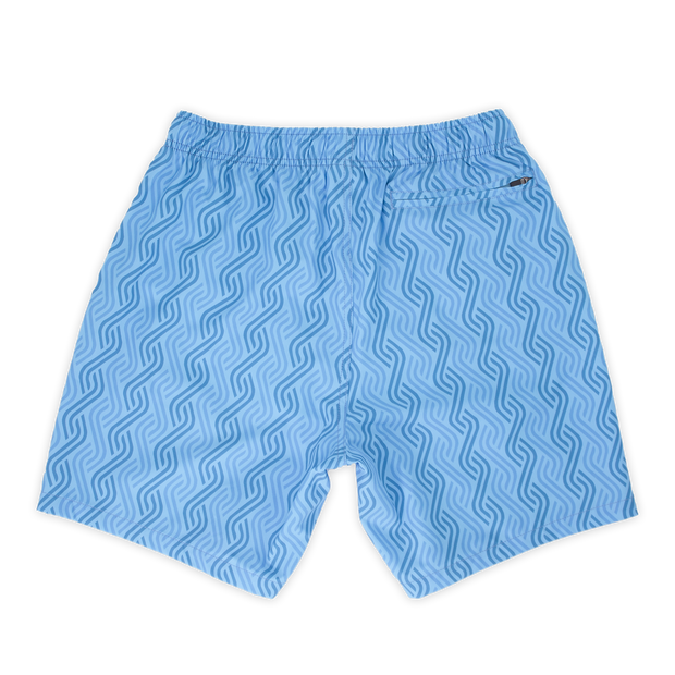 Stretch Swim 7" Clearwater back, a light blue print with darker blue alternating zig zagged lines with an elastic waistband and back right zippered pocket