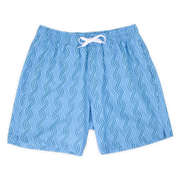 Stretch Swim 7" front Clearwater, a light blue print with darker blue alternating zig zagged lines with an elastic waistband, two inseam pockets, and a white drawstring