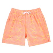 Stretch Swim 7" Groovy front, a light pink with bright yellow psychedelic ball shaped pattern with an elastic waistband, two inseam pockets, and a white drawstring