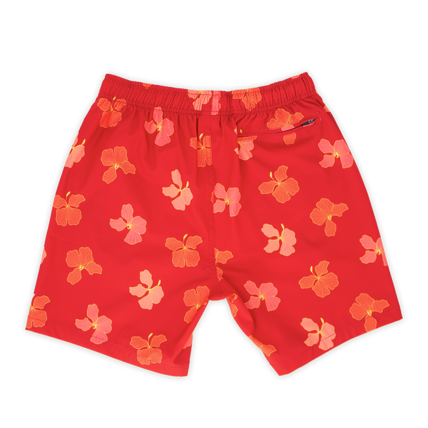 Stretch Swim 7" Hibiscus back, a bright red printed with pink and orange sketched hibiscus flowers with an elastic waistband and back right zippered pocket