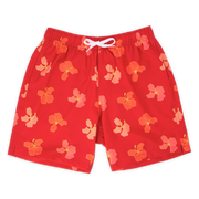 Stretch Swim 7" Hibiscus front, a bright red printed with pink and orange sketched hibiscus flowers with an elastic waistband, two inseam pockets, and a white drawstring