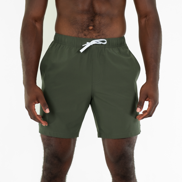 Stretch Swim Solid 7" Military Green front on model