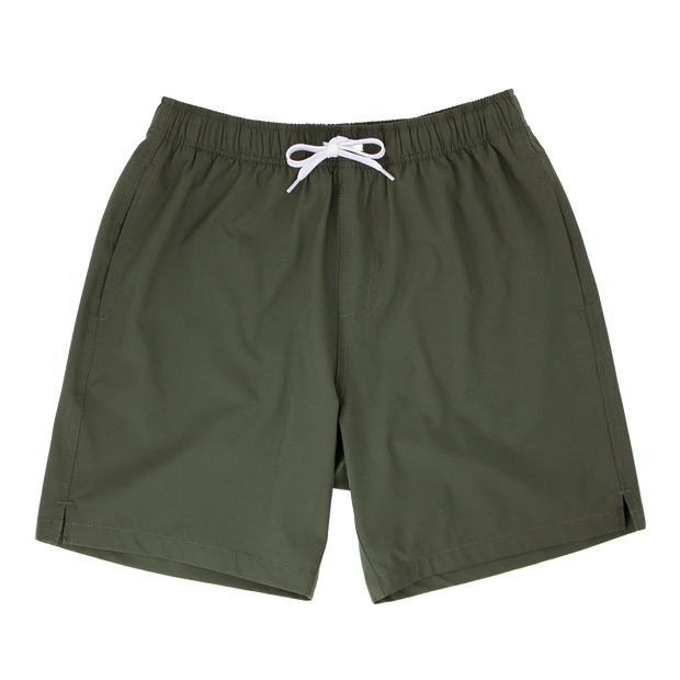 Stretch Swim 7" in Military Green front with elastic waistband, white drawstring, and two inseam pockets
