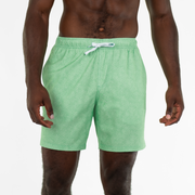 Stretch Swim 7" Seafoam front on model with an elastic waistband, two side seam pockets, and a white drawstring