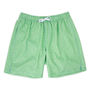 Stretch Swim 7" front in Seafoam green pattern with slightly darker small green dots with an elastic waistband, two side seam pockets, and a white drawstring