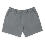 Stretch Short 5.5" Charcoal Greys with elastic waistband, belt loops, zipper fly, faux horn button, and two inseam pockets