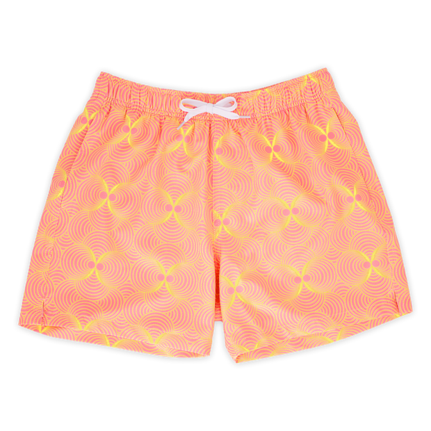 Stretch Swim 5.5" Groovy front, a light pink with bright yellow psychedelic ball shaped pattern with an elastic waistband, two inseam pockets, and a white drawstring