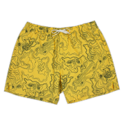 Front of Stretch Swim 5.5" Topography a yellow swim trunk with black topography lines and white drawstring