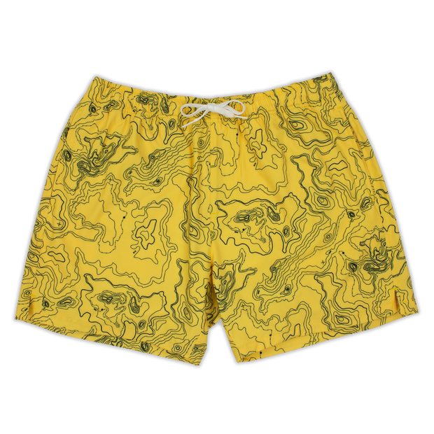 Front of Stretch Swim 5.5" Topography a yellow swim trunk with black topography lines and white drawstring
