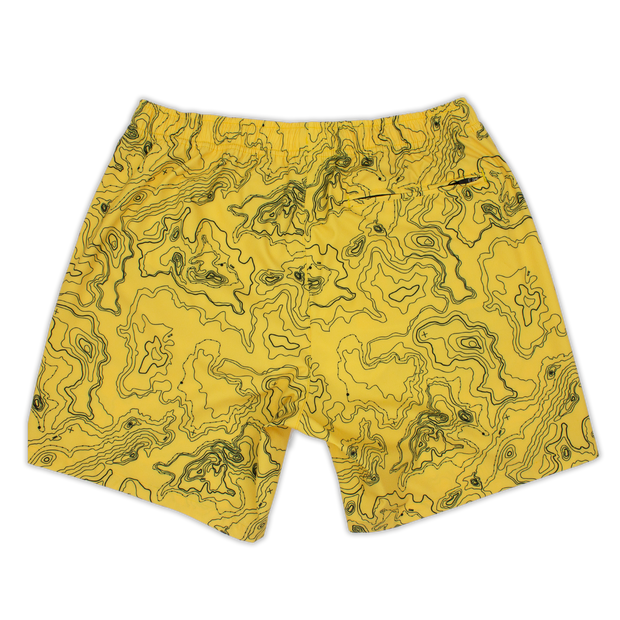 Back of Stretch Swim 7" Topography a yellow swim trunk with black topography lines and a back right zipper pocket