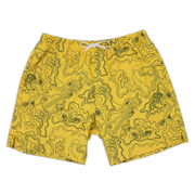 Front of Stretch Swim 7" Topography a yellow swim trunk with black topography lines and white drawstring