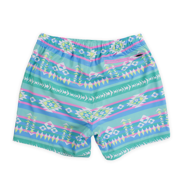 Stretch Swim 5.5" Pastel Aztec back with a green, blue, pint, and yellow print with aztec motif and alternating colors and lines with an elastic waistband and back right zippered pocket