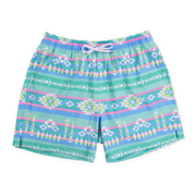 Stretch Swim 5.5" Pastel Aztec front with a green, blue, pint, and yellow print with aztec motif and alternating colors and lines with an elastic waistband, two inseam pockets, and a white drawstring