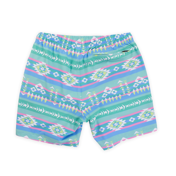 Stretch Swim 7" Pastel Aztec back with a green, blue, pint, and yellow print with aztec motif and alternating colors and lines with an elastic waistband and back right zippered pocket
