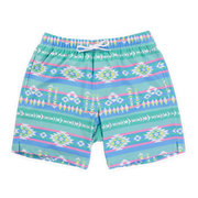 Stretch Swim 7" Pastel Aztec front with a green, blue, pint, and yellow print with aztec motif and alternating colors and lines with an elastic waistband, two inseam pockets, and a white drawstring