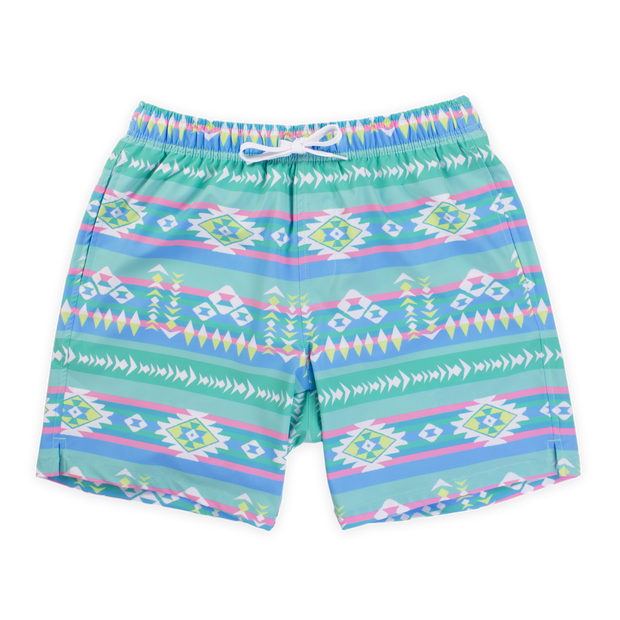 Stretch Swim 7" Pastel Aztec front with a green, blue, pint, and yellow print with aztec motif and alternating colors and lines with an elastic waistband, two inseam pockets, and a white drawstring