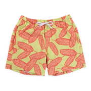 Stretch Swim 5.5" Banana Leaf with yellow background and large pink banana leaves printed, front with an elastic waistband, two inseam pockets, and a white drawstring