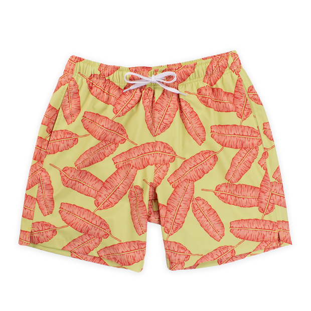 Stretch Swim 7" Banana Leaf with yellow background and large pink banana leaves printed, front with an elastic waistband, two inseam pockets, and a white drawstring