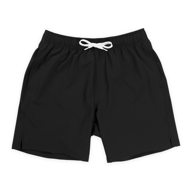 Stretch Swim 7" in Black front with elastic waistband, white drawstring, and two inseam pockets