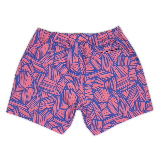 Back of Stretch Swim Breezy 5.5", a pink and blue swimsuit with geometrical lines pattern and a back right zipper pocket