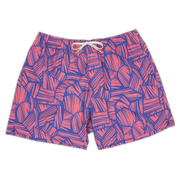 Front of Stretch Swim Breezy 5.5", a pink and blue swimsuit with geometrical lines pattern with an elastic waistband, two inseam pockets, and a white drawstring
