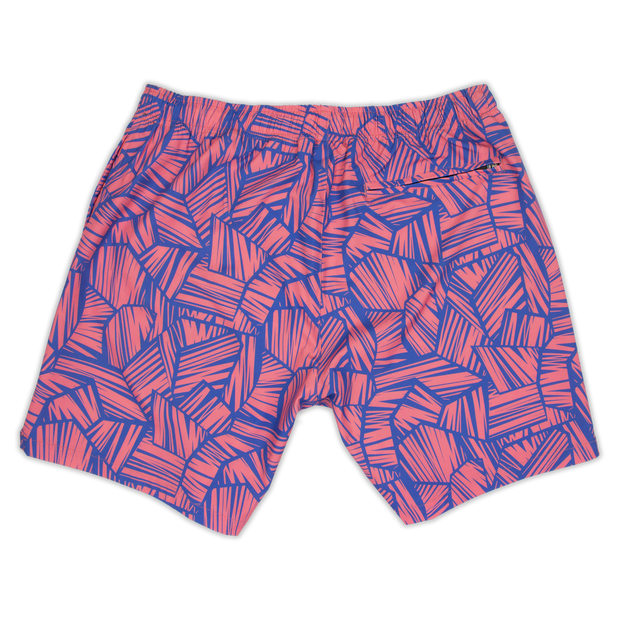 Back of Stretch Swim Breezy 7", a pink and blue swimsuit with geometrical lines pattern and back right zipper pocket