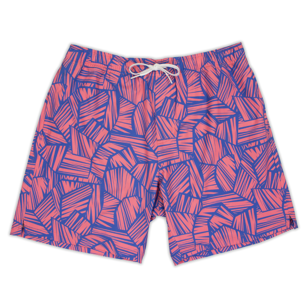Front of Stretch Swim Breezy 7", a pink and blue swimsuit with geometrical lines pattern and white drawstring