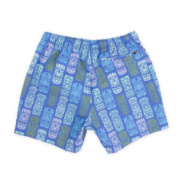 Stretch Swim 5.5" Tiki Tiki back with blue background and light blue, white, light pink, and light green tiki faces printed in a line pattern with an elastic waistband and back right zippered pocket