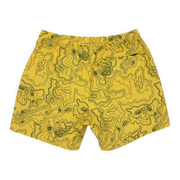 Back of Stretch Swim 5.5" Topography a yellow swim trunk with black topography lines and a back right zipper pocket