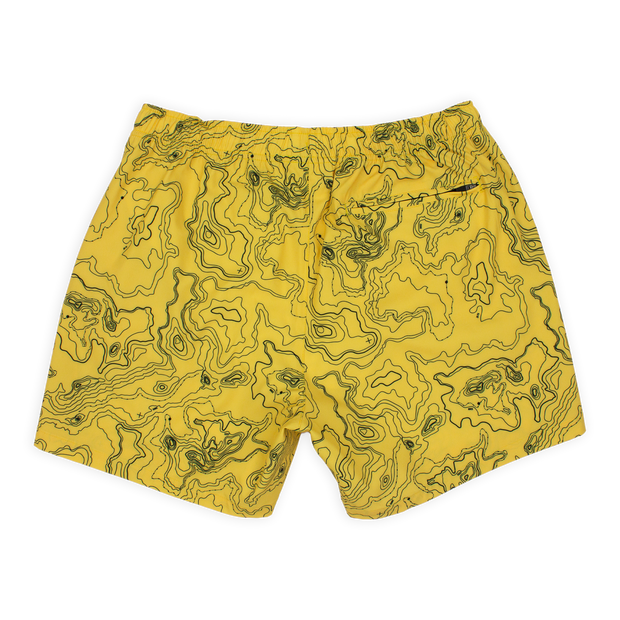 Back of Stretch Swim 5.5" Topography a yellow swim trunk with black topography lines and a back right zipper pocket