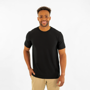 Short Sleeve Tech Tee in Solid Black front with crewneck on model