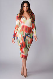 Tessa Sexy V Neck Long Sleeves Abstract Print Midi Dress - MY SEXY STYLES