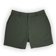 Tour Short 5.5" Dark Olive with flat elastic waistband, belt loops, snap-button, zipper fly, and two front seam pockets