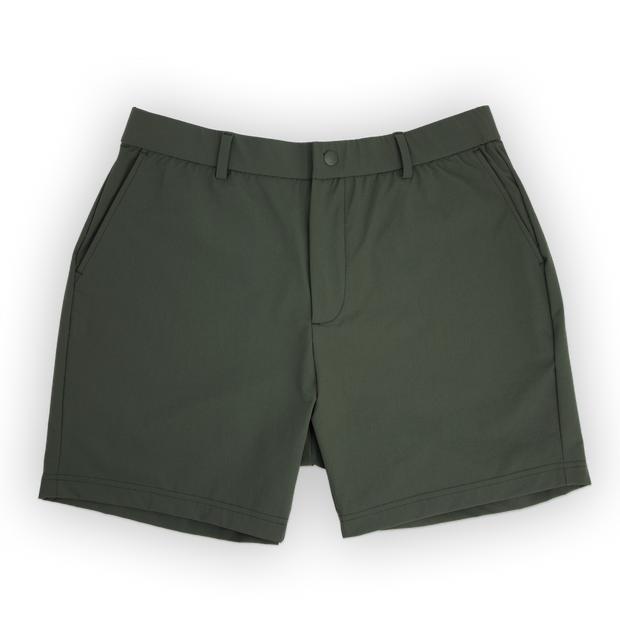 Tour Short 5.5" Dark Olive with flat elastic waistband, belt loops, snap-button, zipper fly, and two front seam pockets