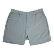 Tour Short 5.5" Grey with flat elastic waistband, belt loops, snap-button, zipper fly, and two front seam pockets