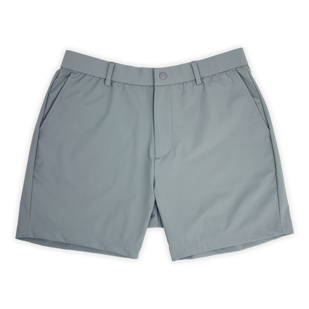 Tour Short 5.5" Grey with flat elastic waistband, belt loops, snap-button, zipper fly, and two front seam pockets