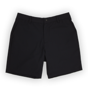 Tour Short 7" Black with flat elastic waistband, belt loops, snap-button, zipper fly, and two front seam pockets