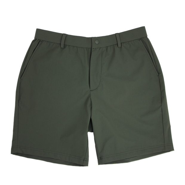 Tour Short 7" Dark Olive with flat elastic waistband, belt loops, snap-button, zipper fly, and two front seam pockets
