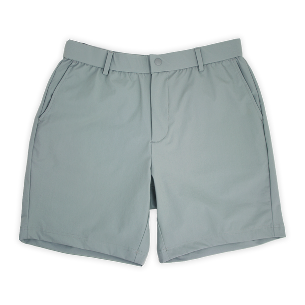Tour Short 7" Grey with flat elastic waistband, belt loops, snap-button, zipper fly, and two front seam pockets