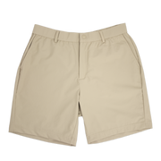 Tour Short 7" Khaki with flat elastic waistband, belt loops, snap-button, zipper fly, and two front seam pockets