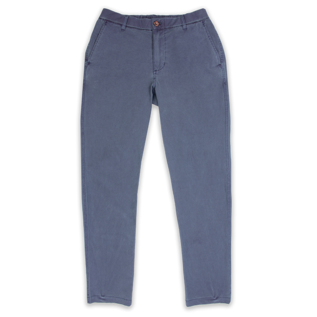 Volley Pant Navy with flat front elastic waistband, belt loops, two front pockets, faux-horn button and zippered fly