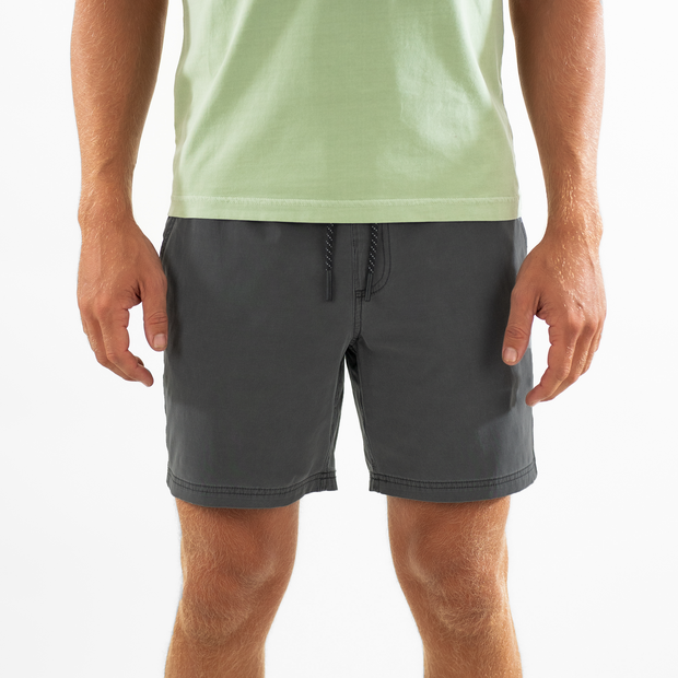 Volley Short 7" Charcoal Front on model with elastic waistband and black and white drawstring