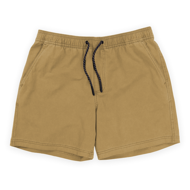 Volley Short 5.5" Khaki front with elastic waistband, black and white drawstring with rubberized tips, faux fly, and two front pockets