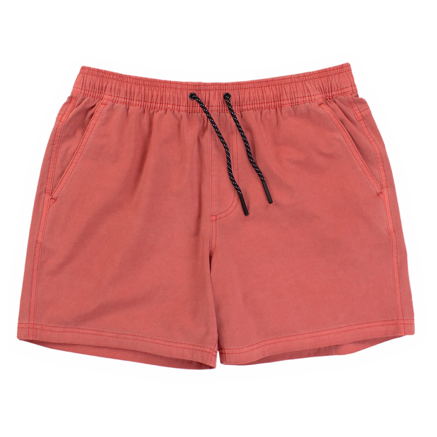 Volley Short 5.5" Pink front with elastic waistband, black and white drawstring with rubberized tips, faux fly, and two front pockets