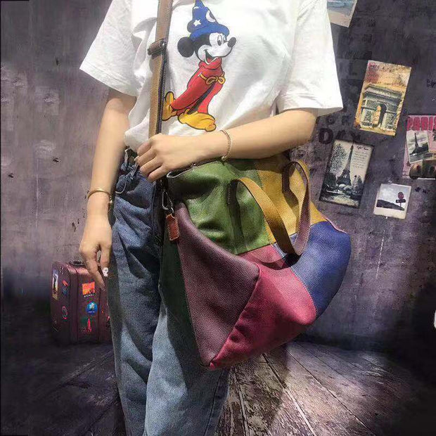 Women Leather Color Contrast Large Capacity Crossbody Shoulder Bag